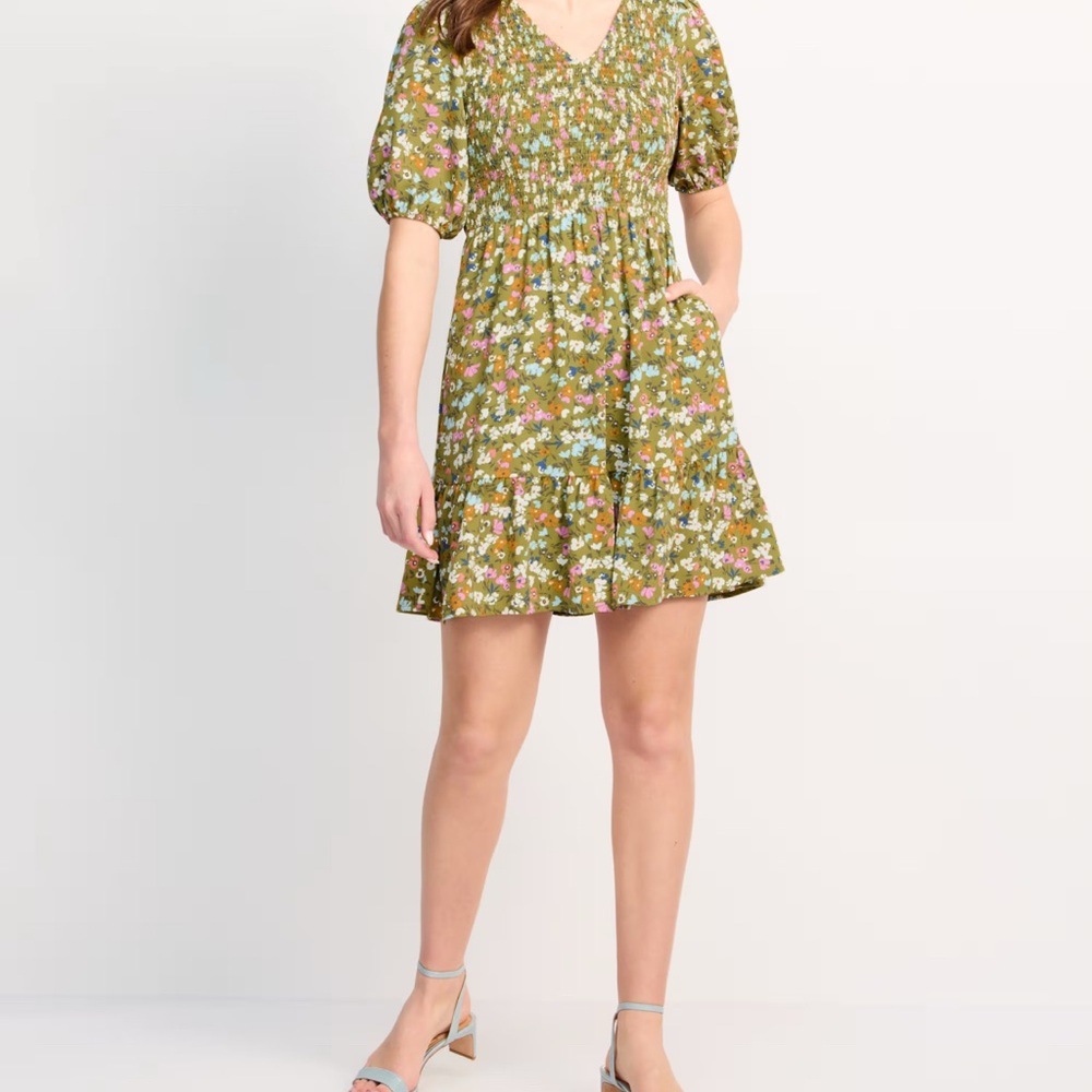 Mimi Puff Sleeve Dress - Olive Green Floral